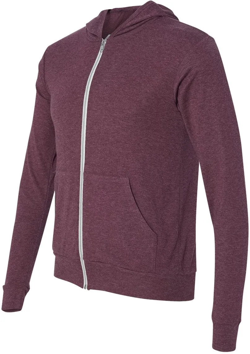 Bella Canvas Unisex Triblend Lightweight Full-Zip Hooded Long Sleeve Tee