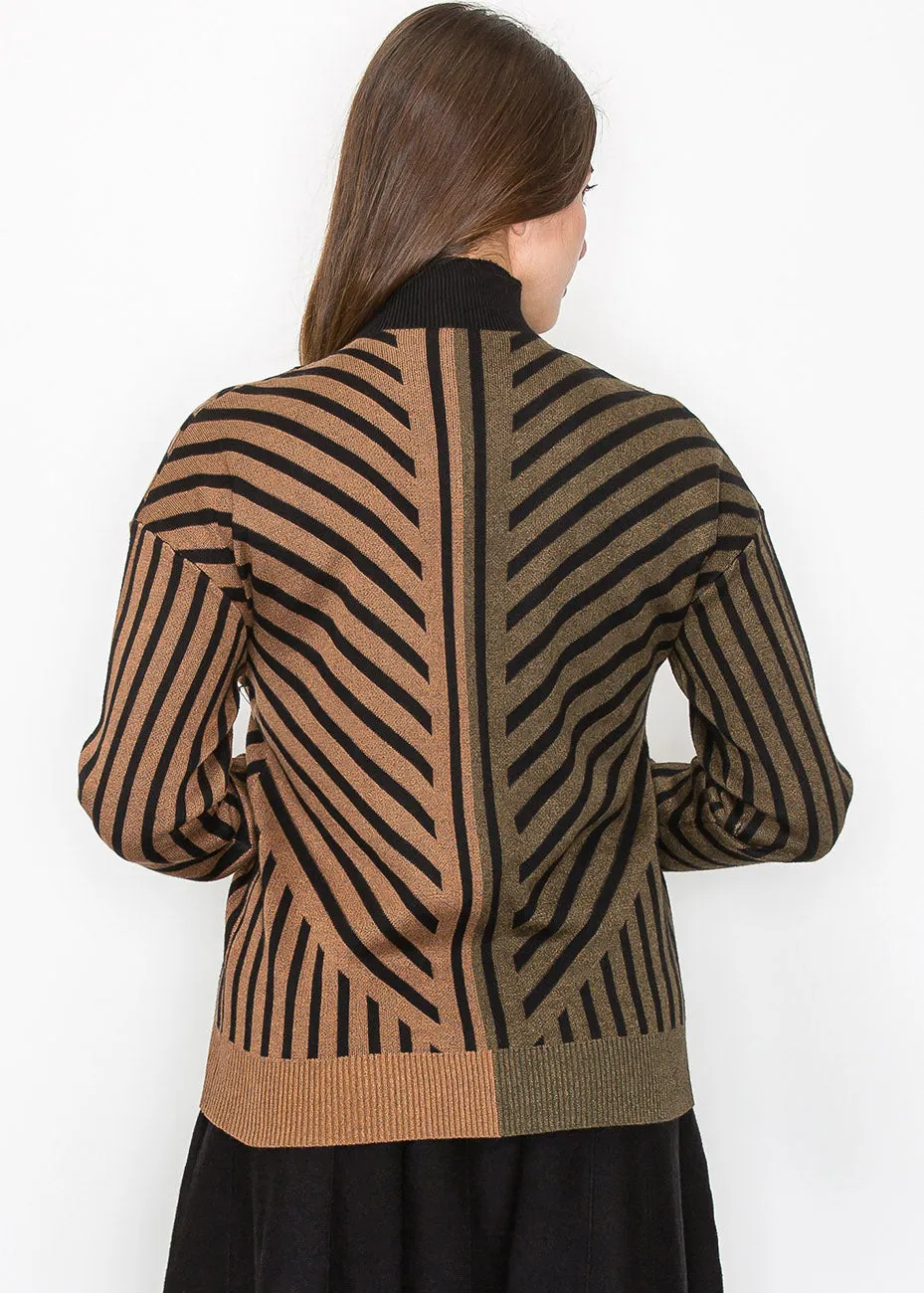 Camel & Black Sweater with Artistic Stripes