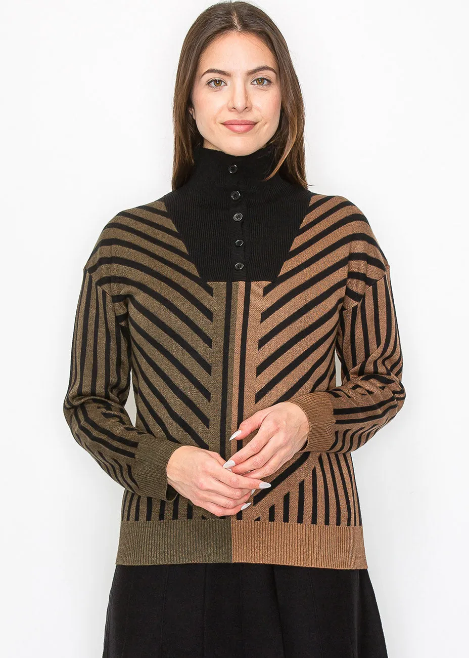 Camel & Black Sweater with Artistic Stripes