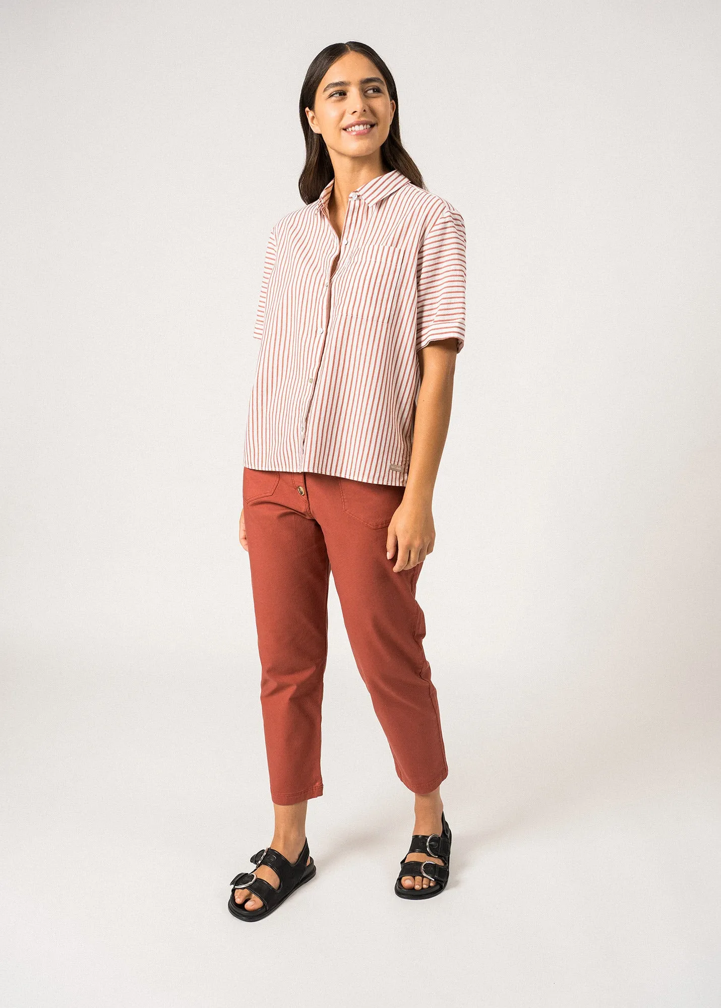 Chemise raye Carla - manches courtes, en lin (BLANC/TERRACOTTA)