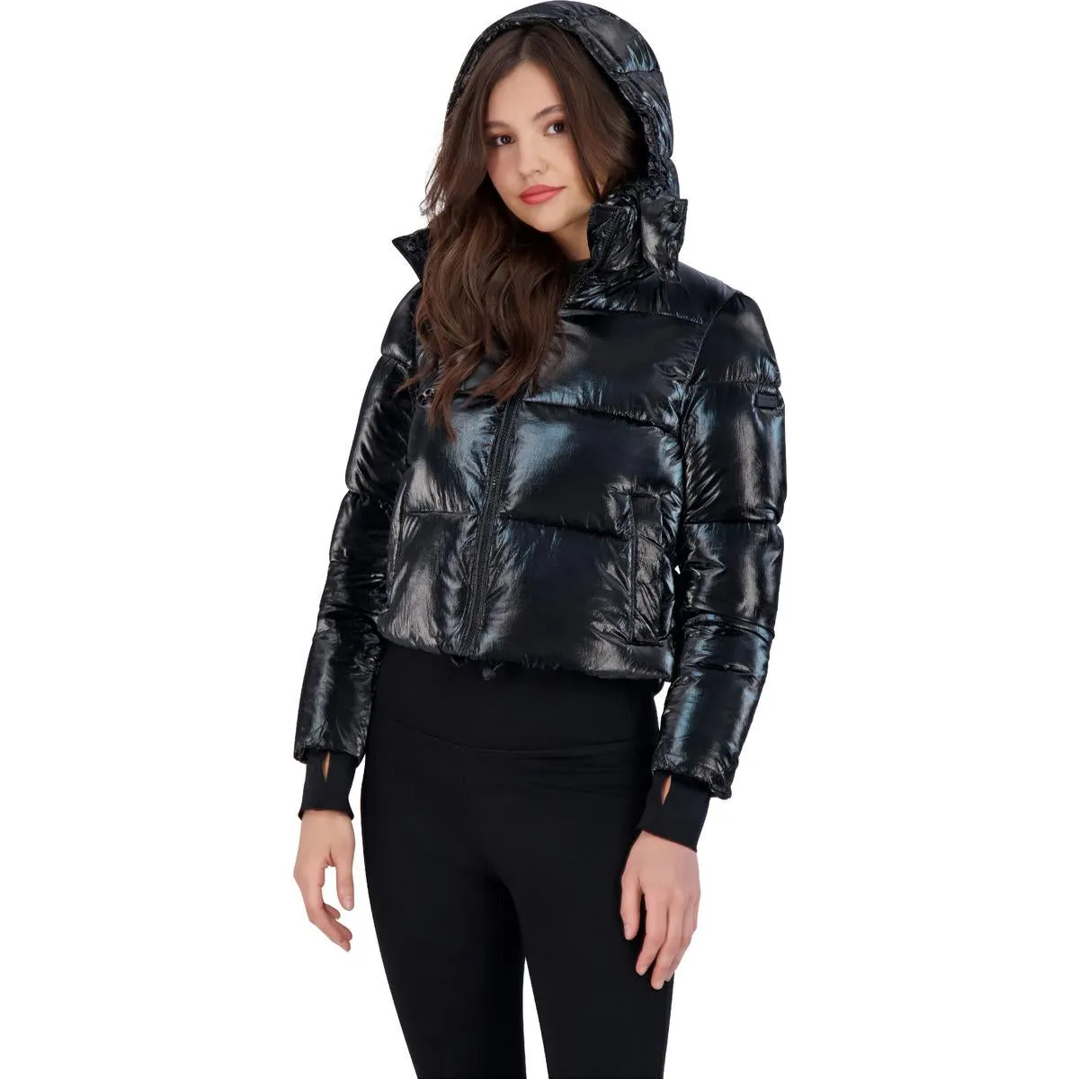 Cropped Liquid Puffer Womens Metallic Cropped Puffer Coat