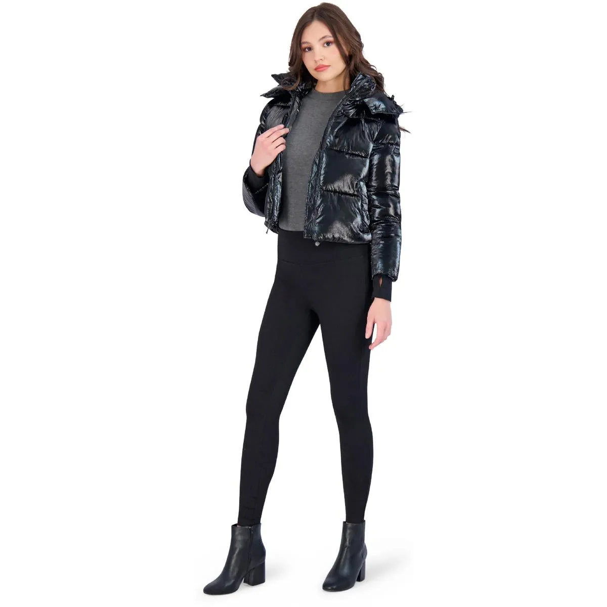Cropped Liquid Puffer Womens Metallic Cropped Puffer Coat