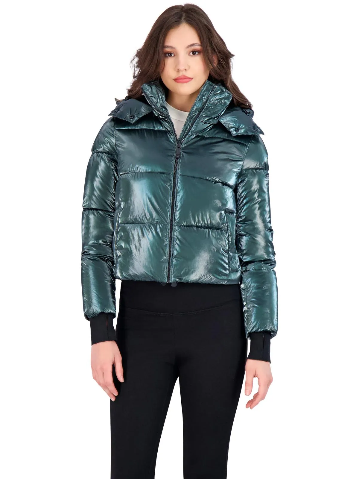 Cropped Liquid Puffer Womens Metallic Cropped Puffer Coat
