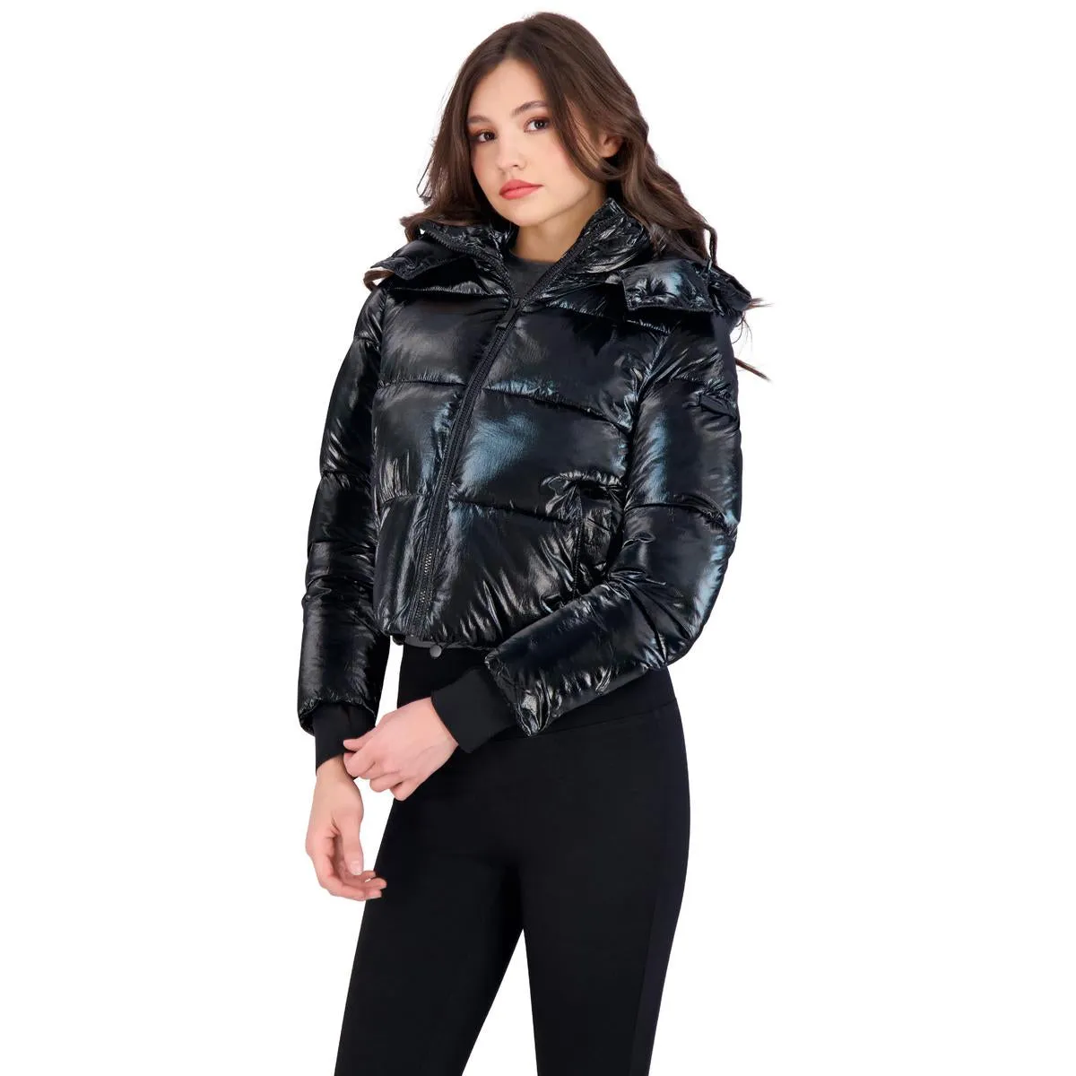 Cropped Liquid Puffer Womens Metallic Cropped Puffer Coat