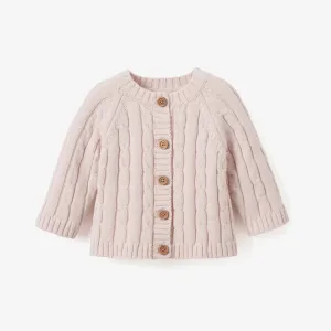 Elegant Baby Pale Pink Cotton Cable Knit Baby Sweater - Pink