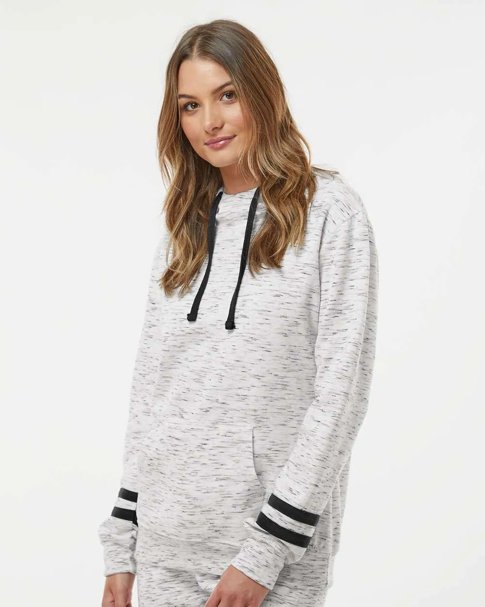 J America Ladies Mlange Fleece Striped-Sleeve Hooded Sweatshirt