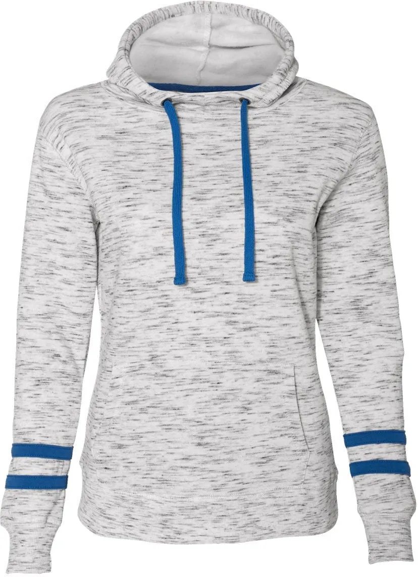 J America Ladies Mlange Fleece Striped-Sleeve Hooded Sweatshirt