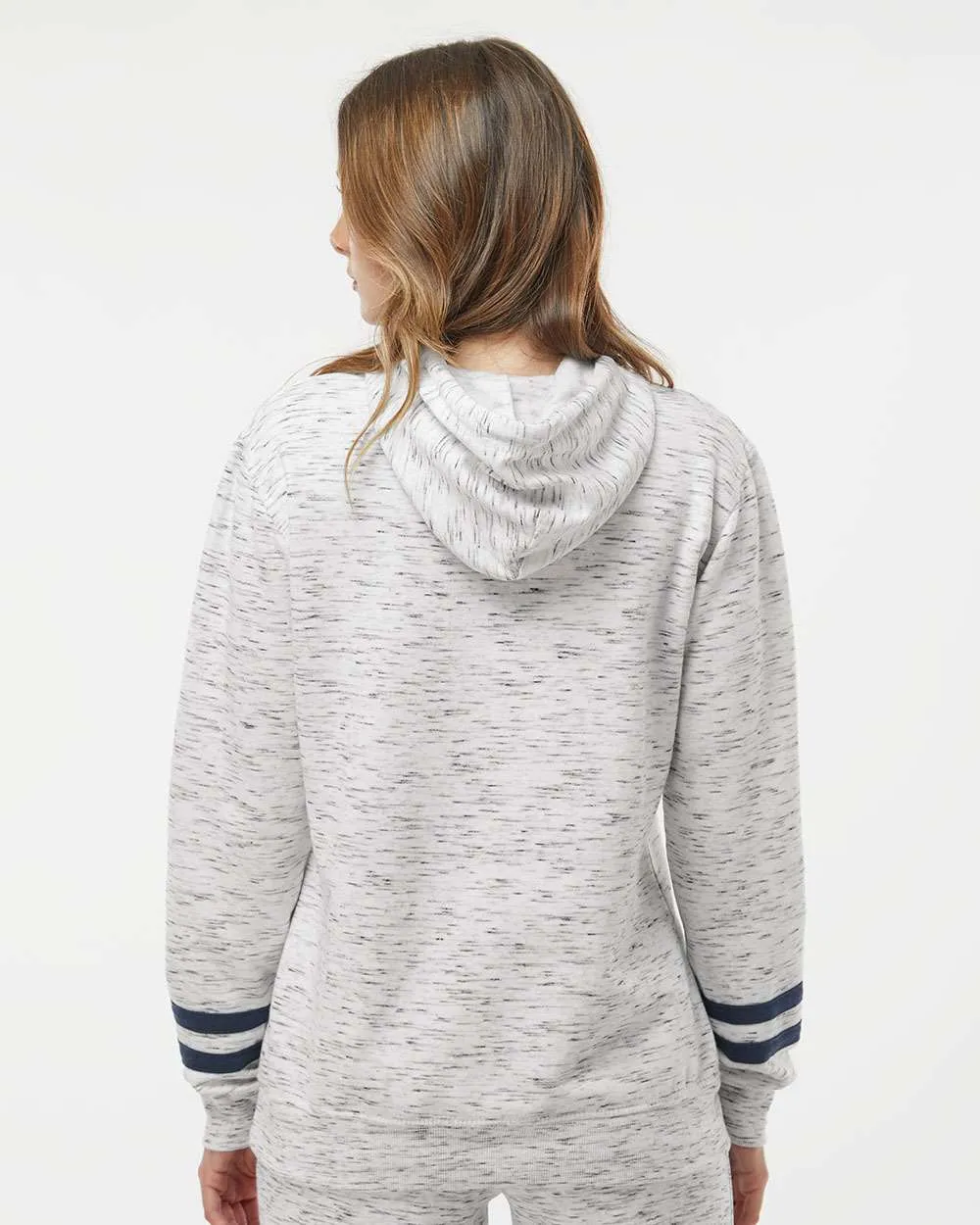 J America Ladies Mlange Fleece Striped-Sleeve Hooded Sweatshirt