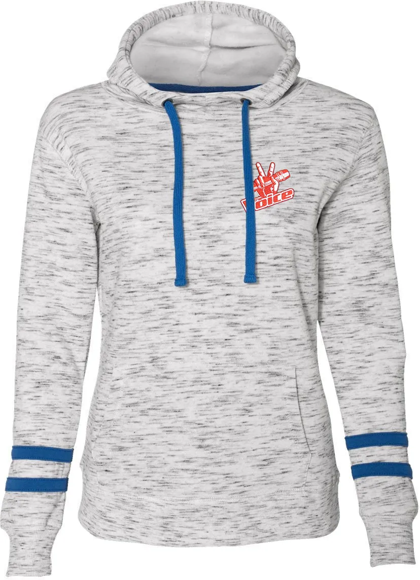 J America Ladies Mlange Fleece Striped-Sleeve Hooded Sweatshirt