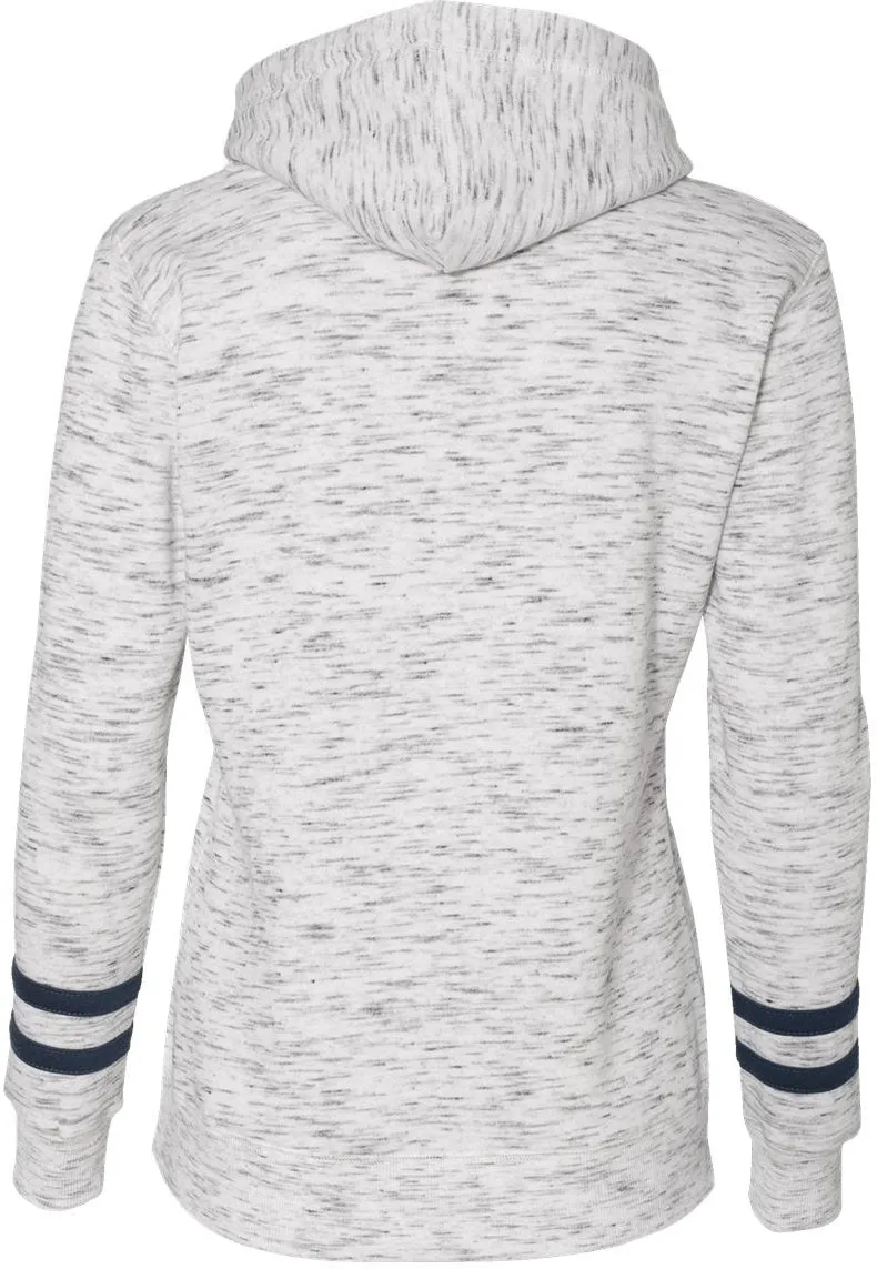 J America Ladies Mlange Fleece Striped-Sleeve Hooded Sweatshirt