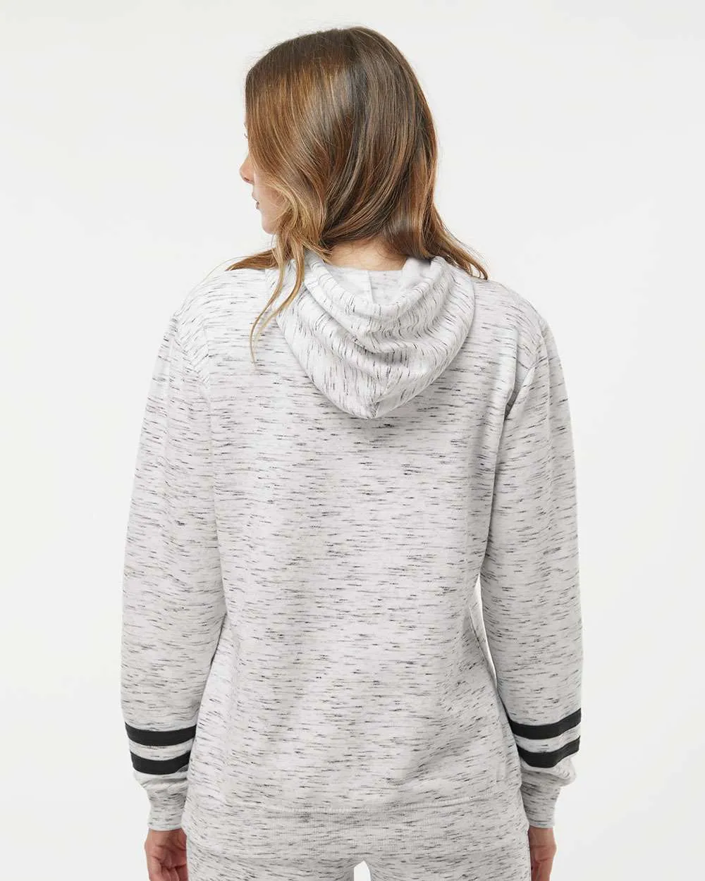 J America Ladies Mlange Fleece Striped-Sleeve Hooded Sweatshirt