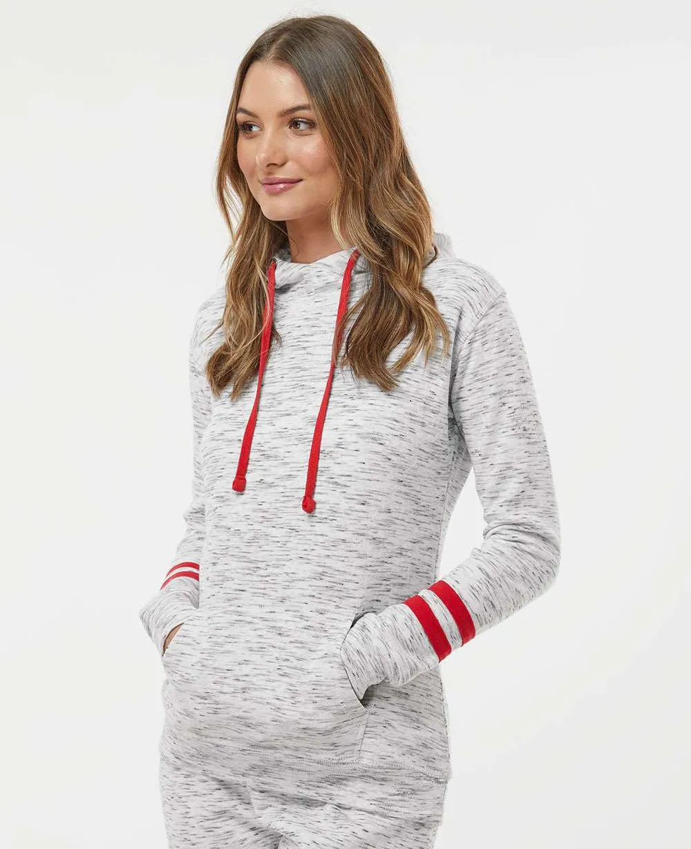 J America Ladies Mlange Fleece Striped-Sleeve Hooded Sweatshirt