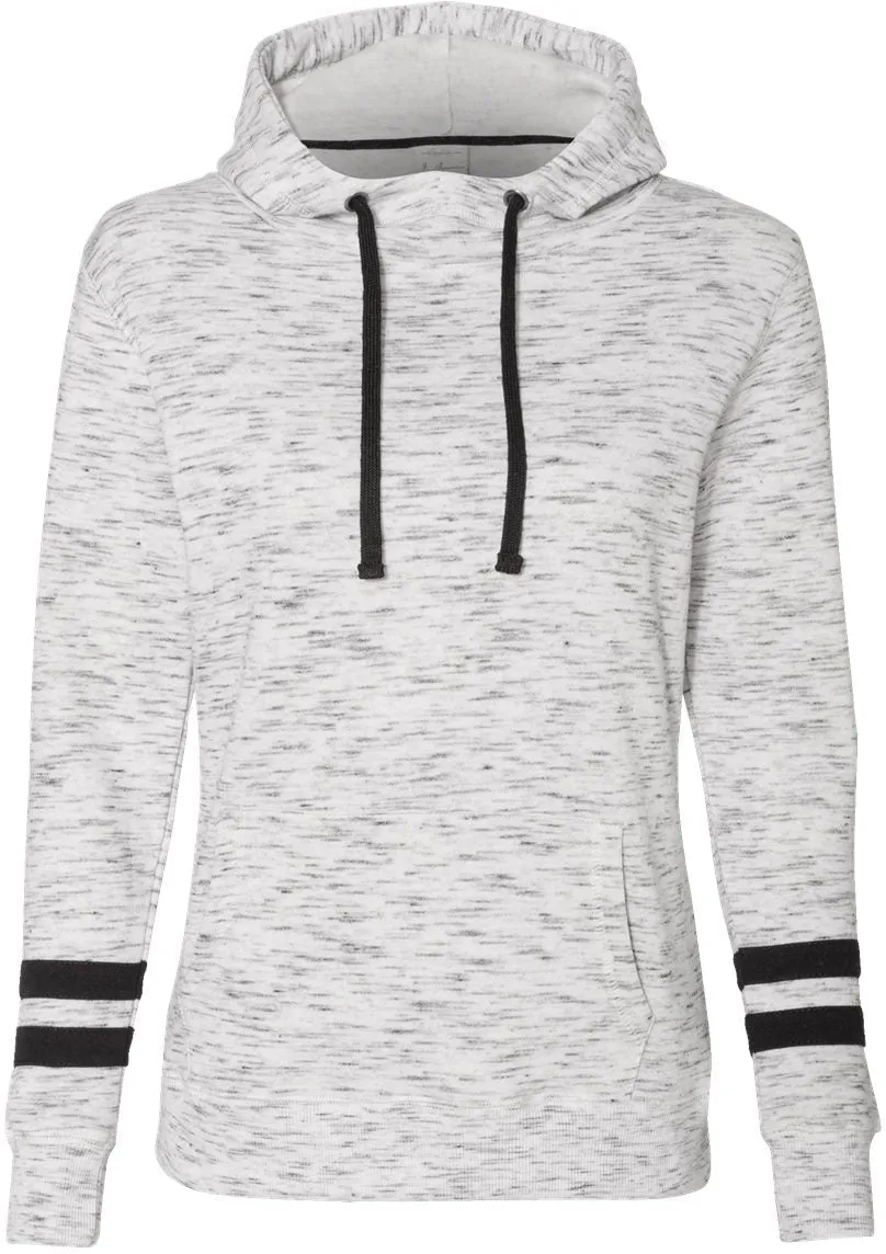 J America Ladies Mlange Fleece Striped-Sleeve Hooded Sweatshirt