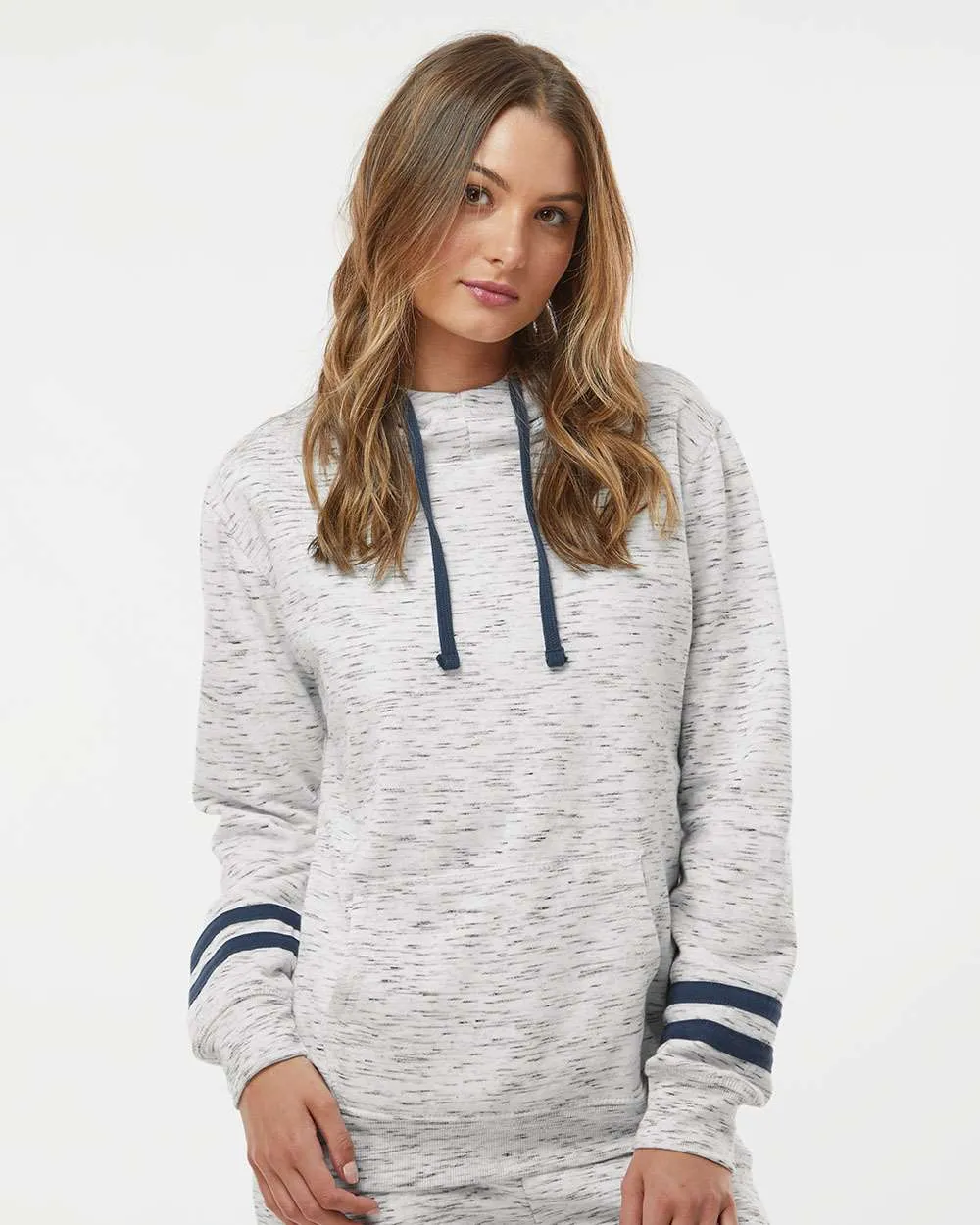 J America Ladies Mlange Fleece Striped-Sleeve Hooded Sweatshirt