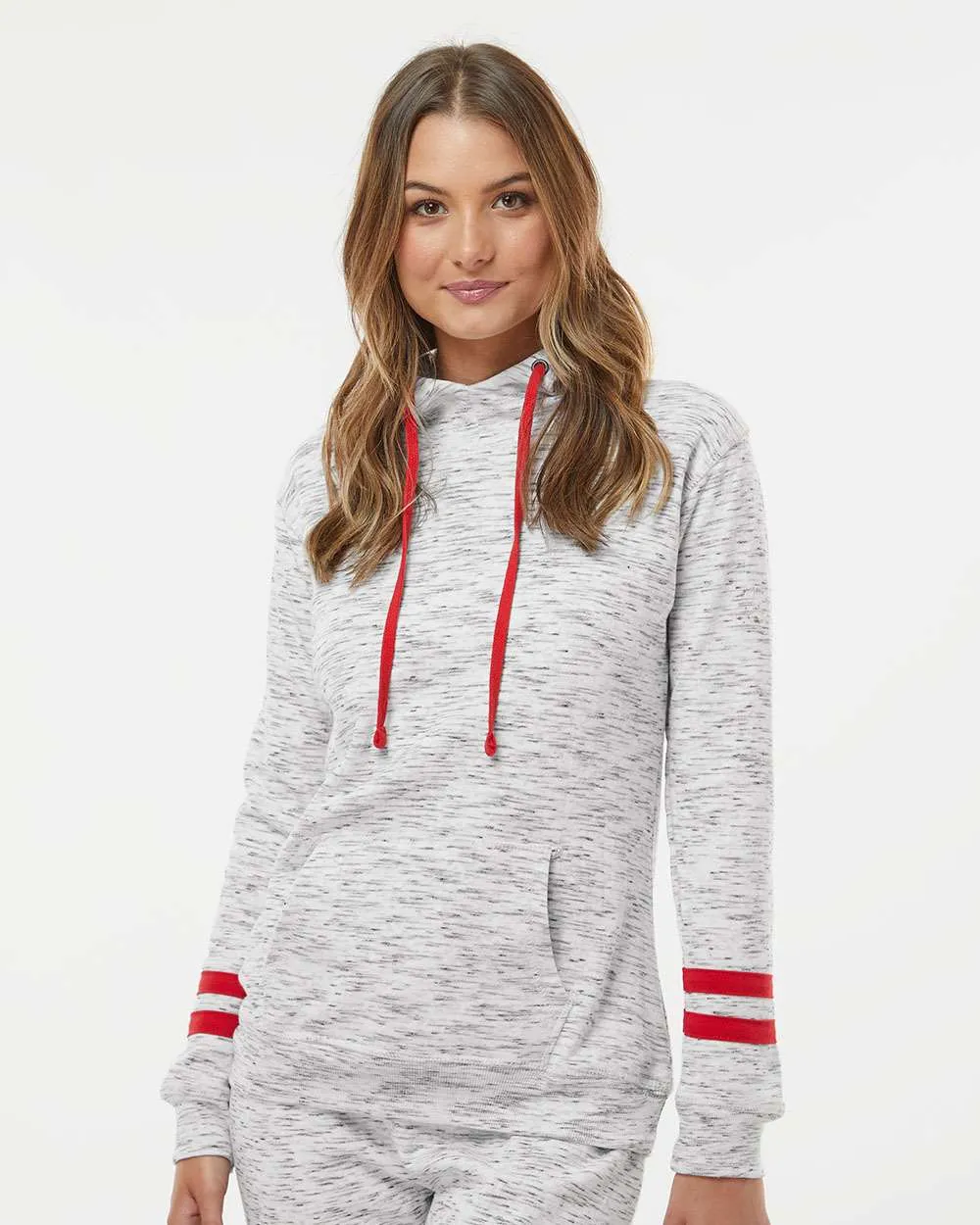 J America Ladies Mlange Fleece Striped-Sleeve Hooded Sweatshirt