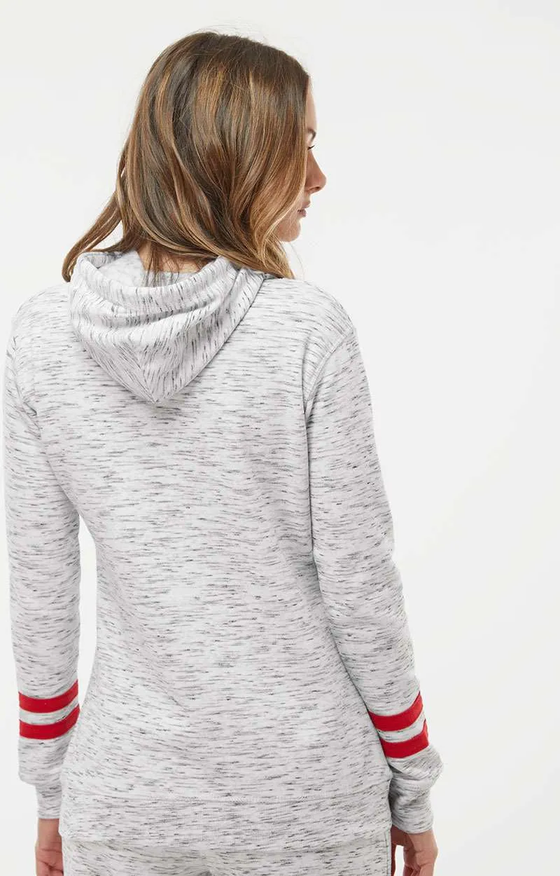 J America Ladies Mlange Fleece Striped-Sleeve Hooded Sweatshirt