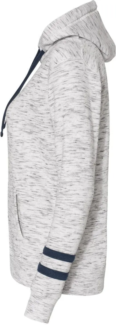 J America Ladies Mlange Fleece Striped-Sleeve Hooded Sweatshirt