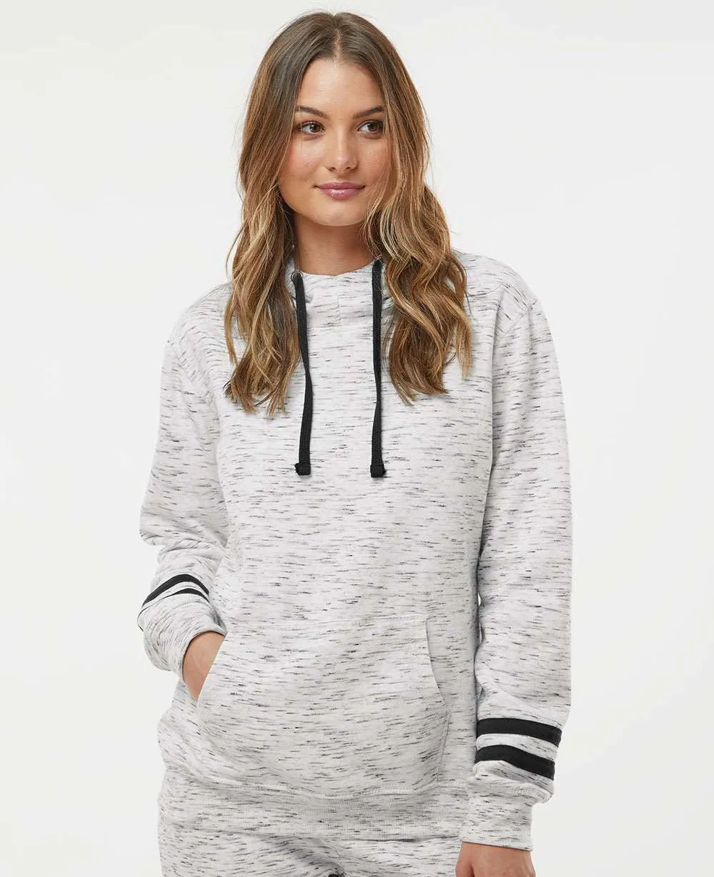 J America Ladies Mlange Fleece Striped-Sleeve Hooded Sweatshirt