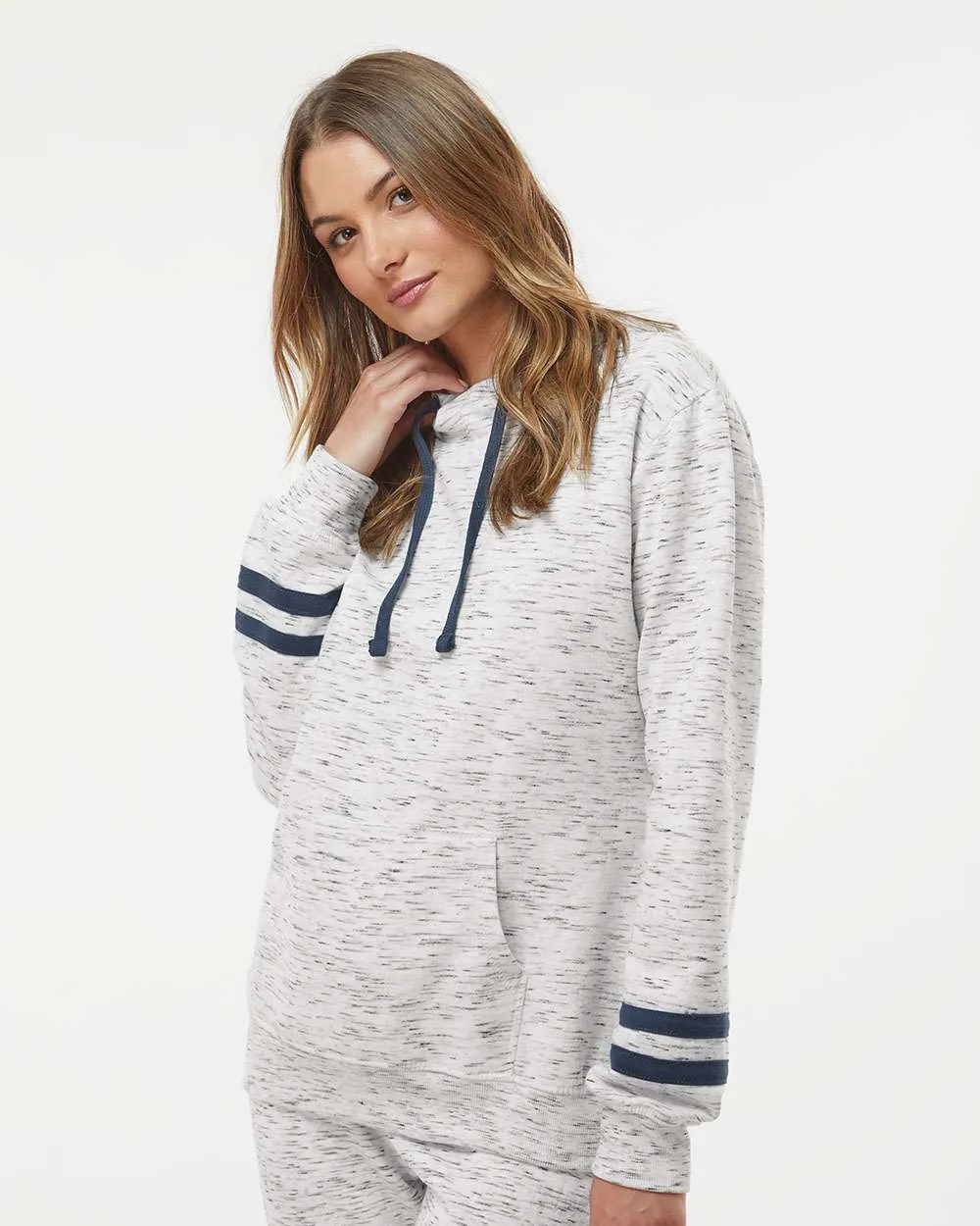 J America Ladies Mlange Fleece Striped-Sleeve Hooded Sweatshirt