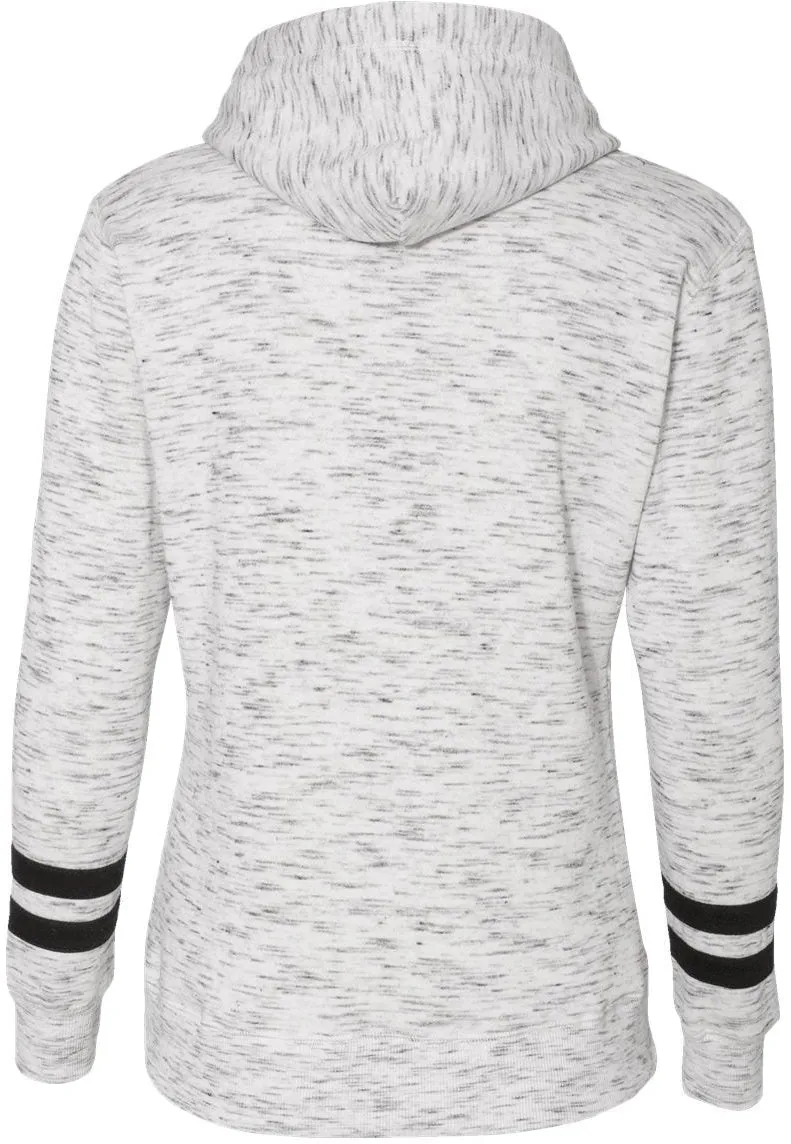 J America Ladies Mlange Fleece Striped-Sleeve Hooded Sweatshirt