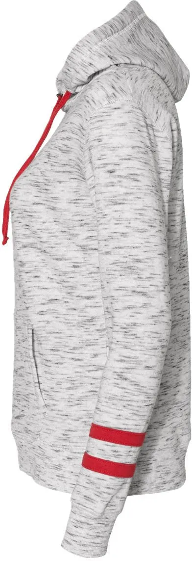 J America Ladies Mlange Fleece Striped-Sleeve Hooded Sweatshirt