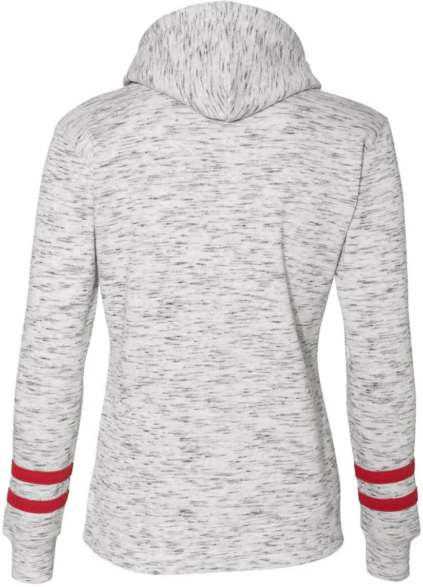 J America Ladies Mlange Fleece Striped-Sleeve Hooded Sweatshirt