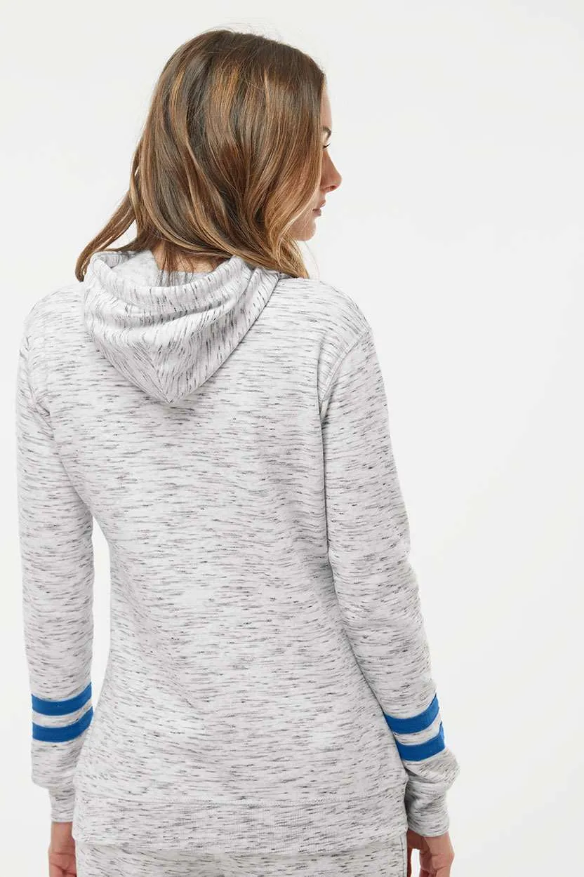 J America Ladies Mlange Fleece Striped-Sleeve Hooded Sweatshirt