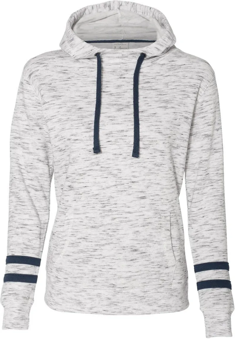 J America Ladies Mlange Fleece Striped-Sleeve Hooded Sweatshirt