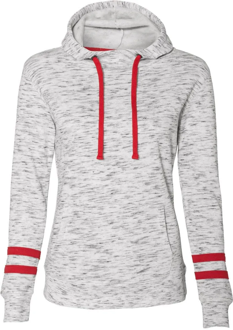 J America Ladies Mlange Fleece Striped-Sleeve Hooded Sweatshirt