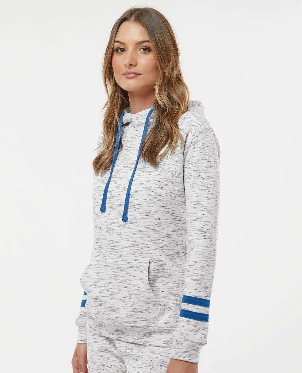 J America Ladies Mlange Fleece Striped-Sleeve Hooded Sweatshirt