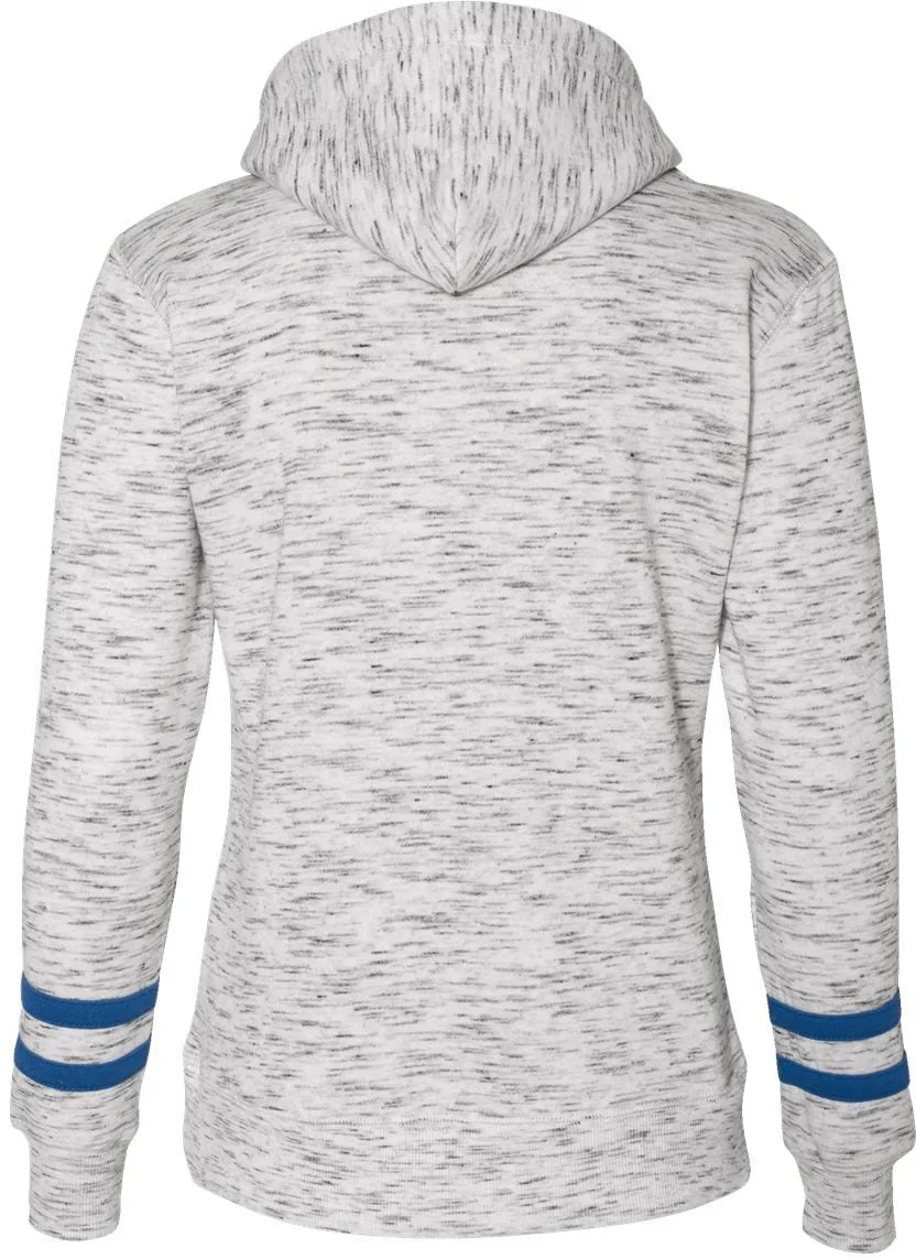 J America Ladies Mlange Fleece Striped-Sleeve Hooded Sweatshirt