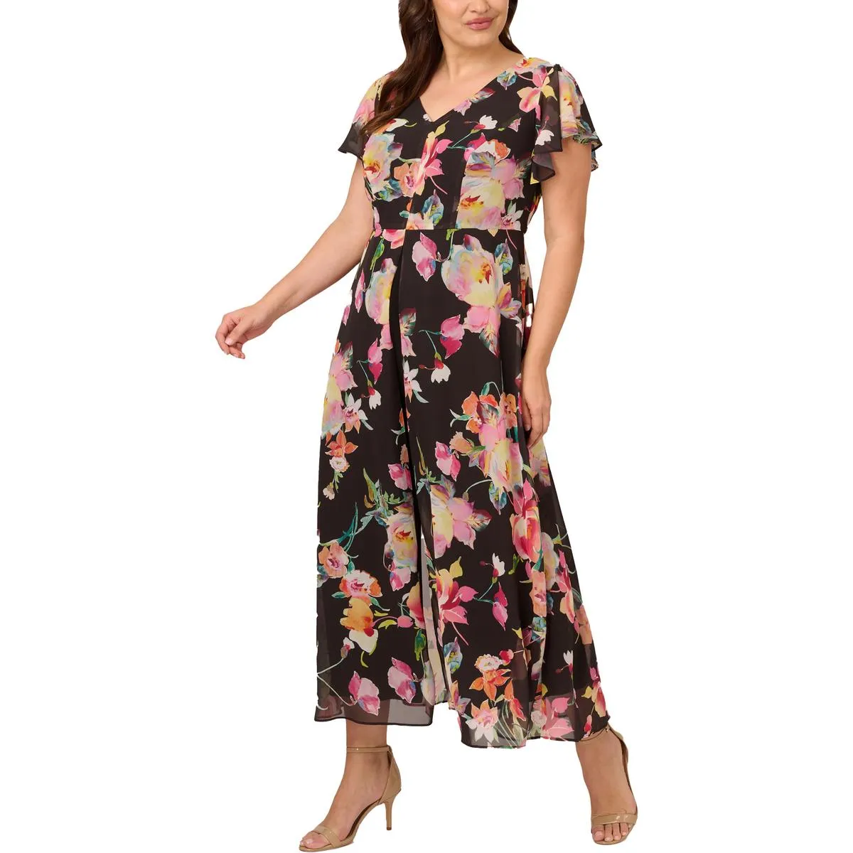 Plus Womens Floral Cropped Jumpsuit