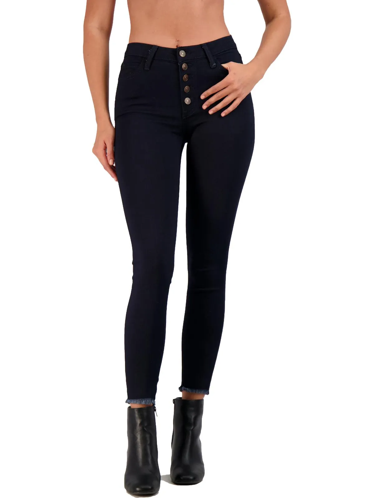 Womens Button Fly Frayed Hem Skinny Jeans